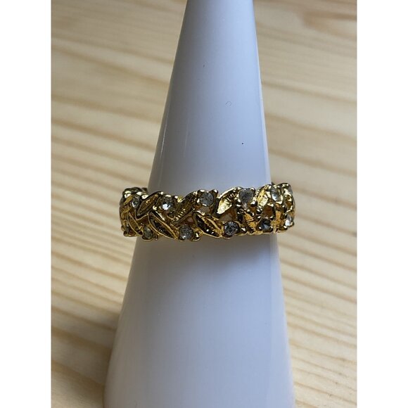 Gold Tone Leaf & Rhinestone Ring - Picture 1 of 4